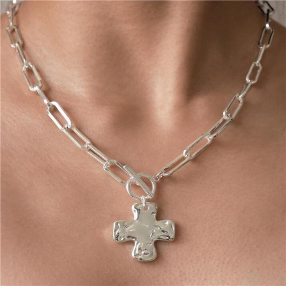 Gold Chunky Cross Necklace for Women - Statement Layered Hammered Cross Pendant - Picture 3 of 6